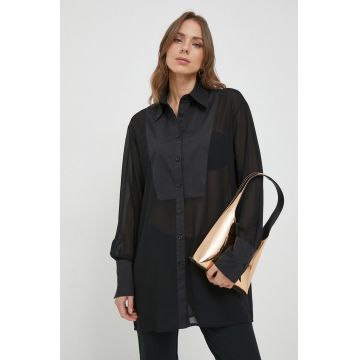 Sisley camasa femei, culoarea negru, cu guler clasic, regular