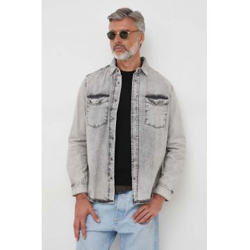 Sisley camasa jeans barbati, culoarea gri, cu guler clasic, regular