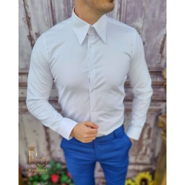 Cămașă de bărbați, Slim Fit, Alba cu nasturi la vedere - CR19