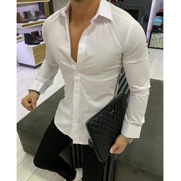 Camasa de barbati, Slim Fit, Alba cu nasturi ascunsi - CM101