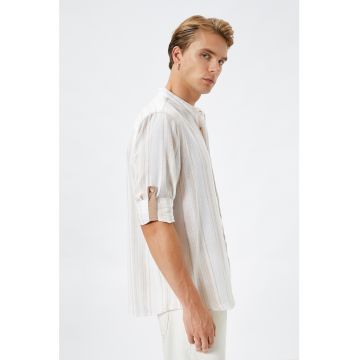Camasa din amestec de bumbac cu guler Mao si model in dungi