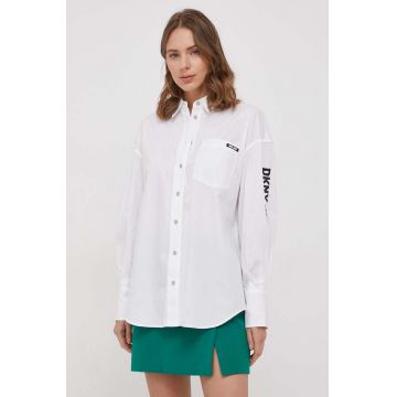 Dkny camasa din bumbac femei, culoarea alb, cu guler clasic, relaxed