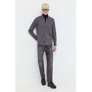 Hollister Co. camasa barbati, culoarea gri, cu guler clasic, relaxed