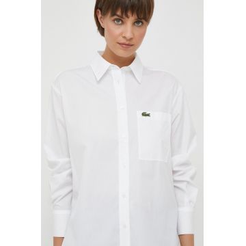 Lacoste camasa din bumbac femei, culoarea alb, cu guler clasic, relaxed
