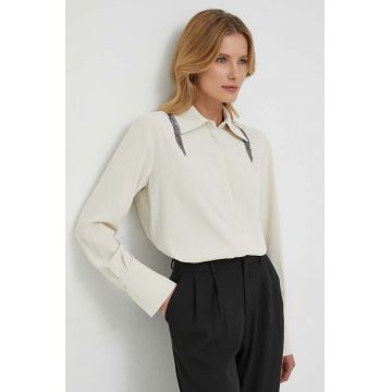 Sisley camasa femei, culoarea bej, cu guler clasic, regular
