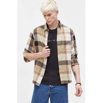 Solid camasa din bumbac barbati, culoarea verde, cu guler button-down, regular