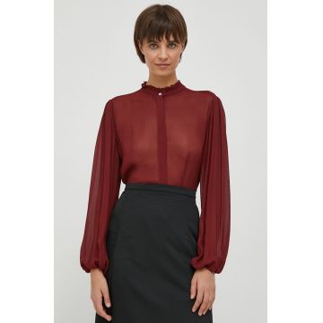 United Colors of Benetton camasa femei, culoarea bordo, cu guler stand-up, regular