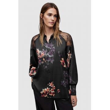 AllSaints camasa cu matase Oana culoarea negru, cu guler clasic, relaxed