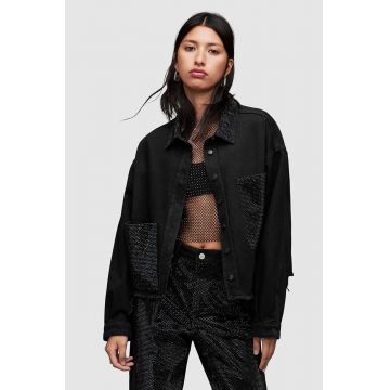 AllSaints camasa jeans Nicky femei, culoarea negru, cu guler clasic, relaxed