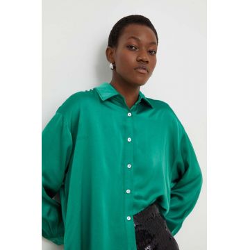 Answear Lab camasa din amestec de matase culoarea verde, cu guler clasic, relaxed