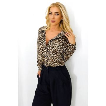 Camasa dama GhiZZeL, croiala lunga cu imprimeu animal print, Leopard bej, Marime S/M/L