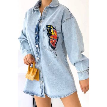 Camasa lunga din denim, Sahar, fara perforatii, Butterfly, Albastru deschis