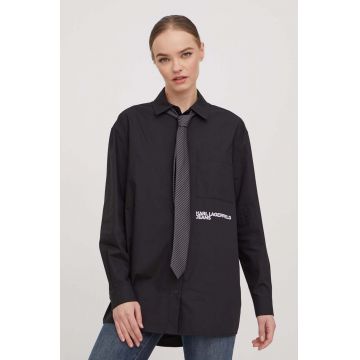 Karl Lagerfeld Jeans camasa din bumbac femei, culoarea negru, cu guler clasic, relaxed