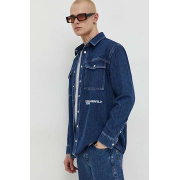 Karl Lagerfeld Jeans camasa jeans barbati, culoarea albastru marin, cu guler clasic, regular