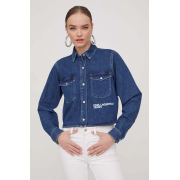 Karl Lagerfeld Jeans camasa jeans femei, culoarea albastru marin, cu guler clasic, regular