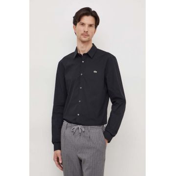 Lacoste camasa din bumbac barbati, culoarea negru, cu guler clasic, slim