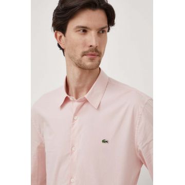 Lacoste camasa din bumbac barbati, culoarea roz, cu guler clasic, slim