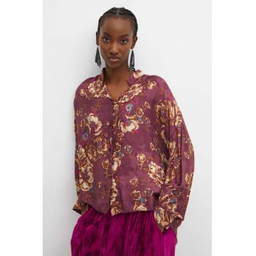 Medicine camasa din amestec de matase femei, culoarea violet, cu guler stand-up, relaxed