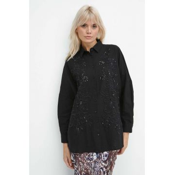 Medicine camasa din bumbac femei, culoarea negru, cu guler clasic, relaxed