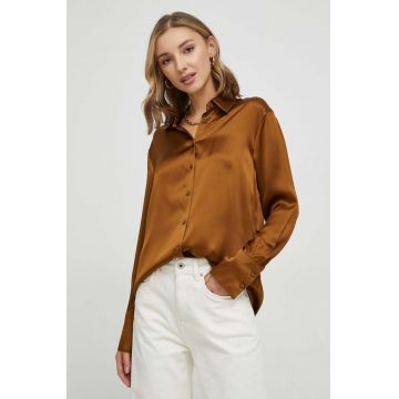 Sisley camasa de matase culoarea maro, cu guler clasic, regular