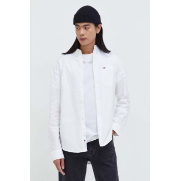 Tommy Jeans camasa din bumbac barbati, culoarea alb, cu guler button-down, regular