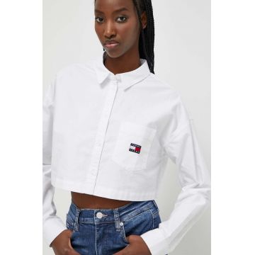 Tommy Jeans camasa din bumbac femei, culoarea alb, cu guler clasic, relaxed