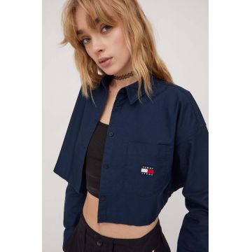 Tommy Jeans camasa din bumbac femei, culoarea albastru marin, cu guler clasic, relaxed