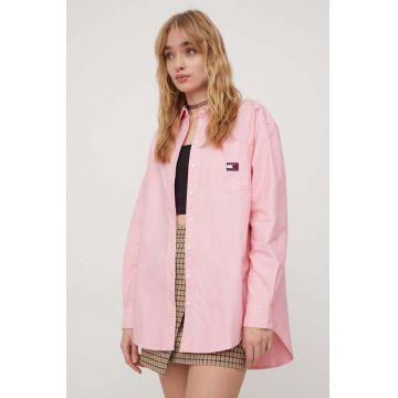 Tommy Jeans camasa din bumbac femei, culoarea roz, cu guler clasic, relaxed