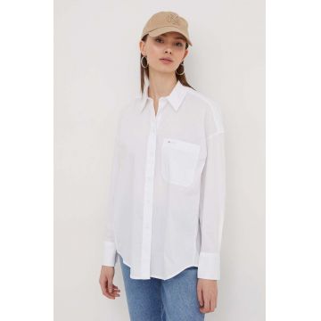Tommy Jeans cămașă femei, culoarea alb, cu guler clasic, relaxed DW0DW17356