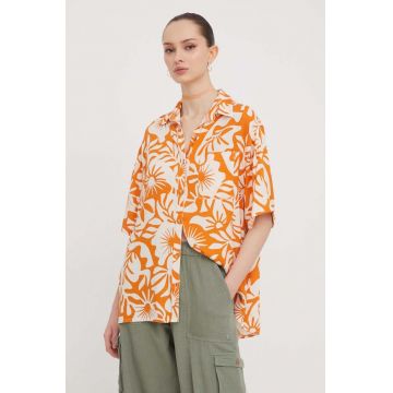 Billabong camasa femei, culoarea portocaliu, cu guler clasic, relaxed
