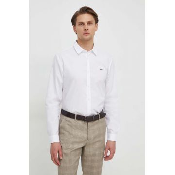 Lacoste camasa din bumbac barbati, culoarea alb, cu guler clasic, slim