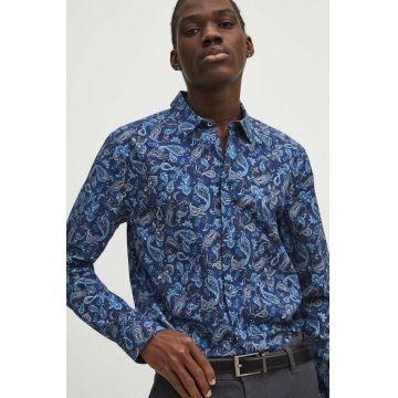 Medicine cămașă bărbați, culoarea bleumarin, cu guler clasic, slim