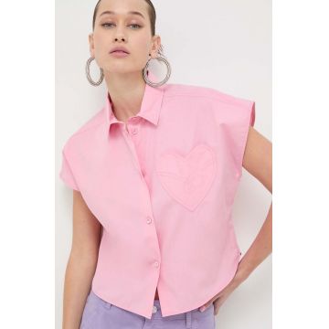 Moschino Jeans camasa din bumbac femei, culoarea roz, cu guler clasic, relaxed