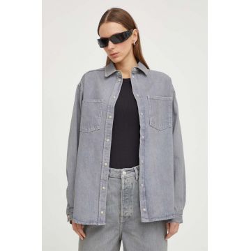 Samsoe Samsoe camasa jeans femei, culoarea gri, cu guler clasic, relaxed