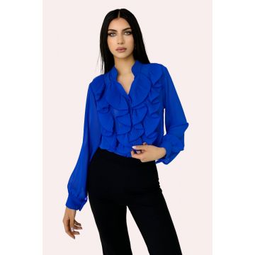 Camasa eleganta Dariana, cu textura vaporoasa, maneca lunga si volane maxi cu aspect plisat, Albastru, Marime universala S/M/L