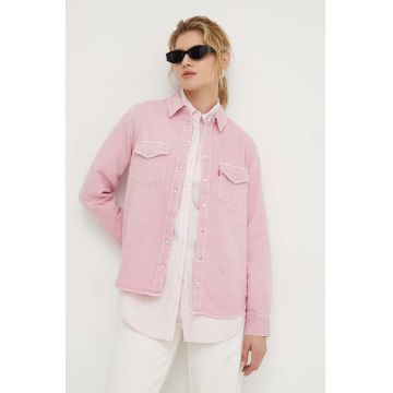 Levi's camasa jeans femei, culoarea roz, cu guler clasic, regular