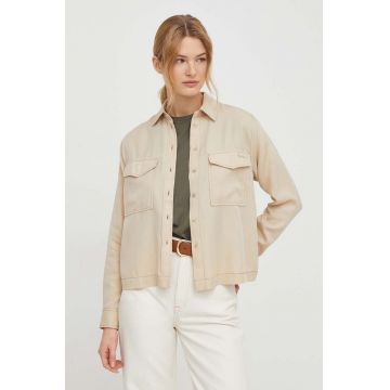 Pepe Jeans camasa femei, culoarea bej, cu guler clasic, relaxed