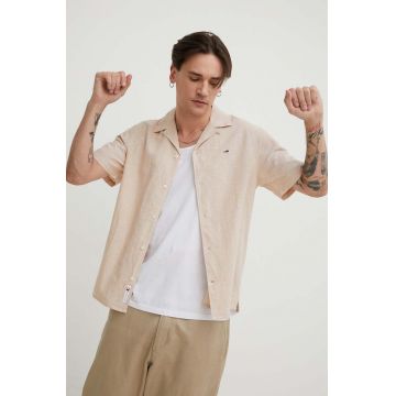 Tommy Jeans cămașă din amestec de in culoarea bej, regular DM0DM18963
