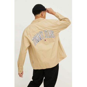 Tommy Jeans cămașă din bumbac bărbați, culoarea bej, cu guler clasic, relaxed DM0DM18887