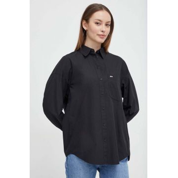 Tommy Jeans cămașă din bumbac femei, culoarea negru, cu guler clasic, relaxed DW0DW17803