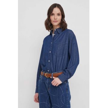 United Colors of Benetton camasa jeans femei, culoarea albastru marin, cu guler clasic, relaxed