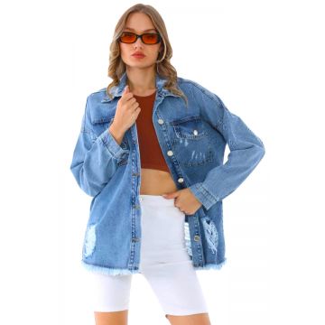 Camasa denim Sharin, croi lung, simetric si perforatii ample, Albastru