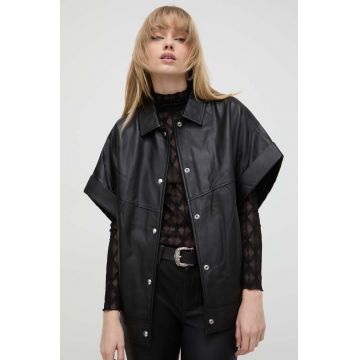 IRO camasa din piele cuoarea negru, cu guler clasic, relaxed