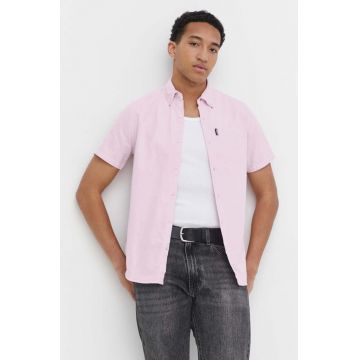 Superdry camasa din bumbac barbati, culoarea roz, cu guler clasic, regular
