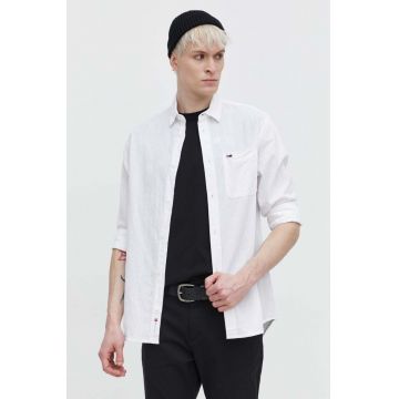 Tommy Jeans camasa din amestec de in culoarea alb, cu guler clasic, regular