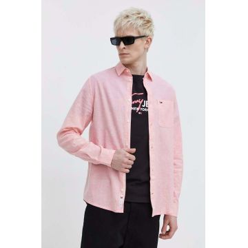 Tommy Jeans camasa din amestec de in culoarea roz, cu guler clasic, regular