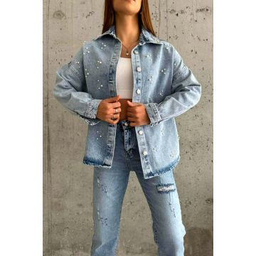 Camasa denim AnKara, croi mediu, asimetric si perle artizanale albe