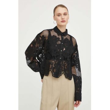 Herskind camasa din bumbac femei, culoarea negru, cu guler clasic, regular