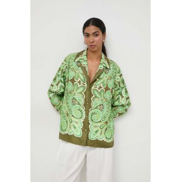 Luisa Spagnoli camasa de matase culoarea verde, cu guler clasic, regular