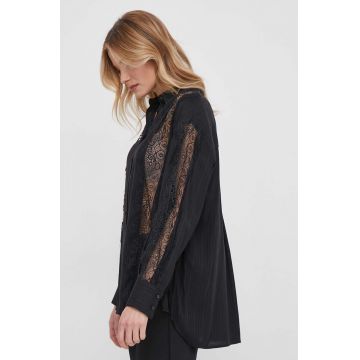 Sisley camasa femei, culoarea negru, cu guler clasic, regular